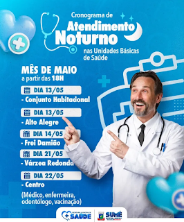 Sumé amplia serviços e atendimento noturno nas Unidades Básicas de Saúde durante o mês de maio tem calendário definido