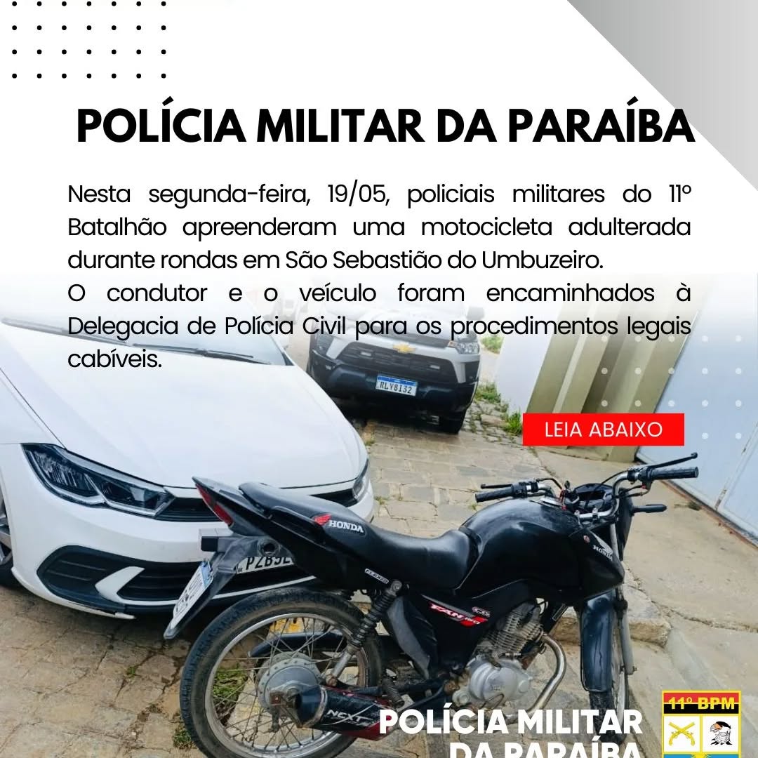 Polícia Militar apreende motocicleta por adulteração de veículo em São Sebastião do Umbuzeiro