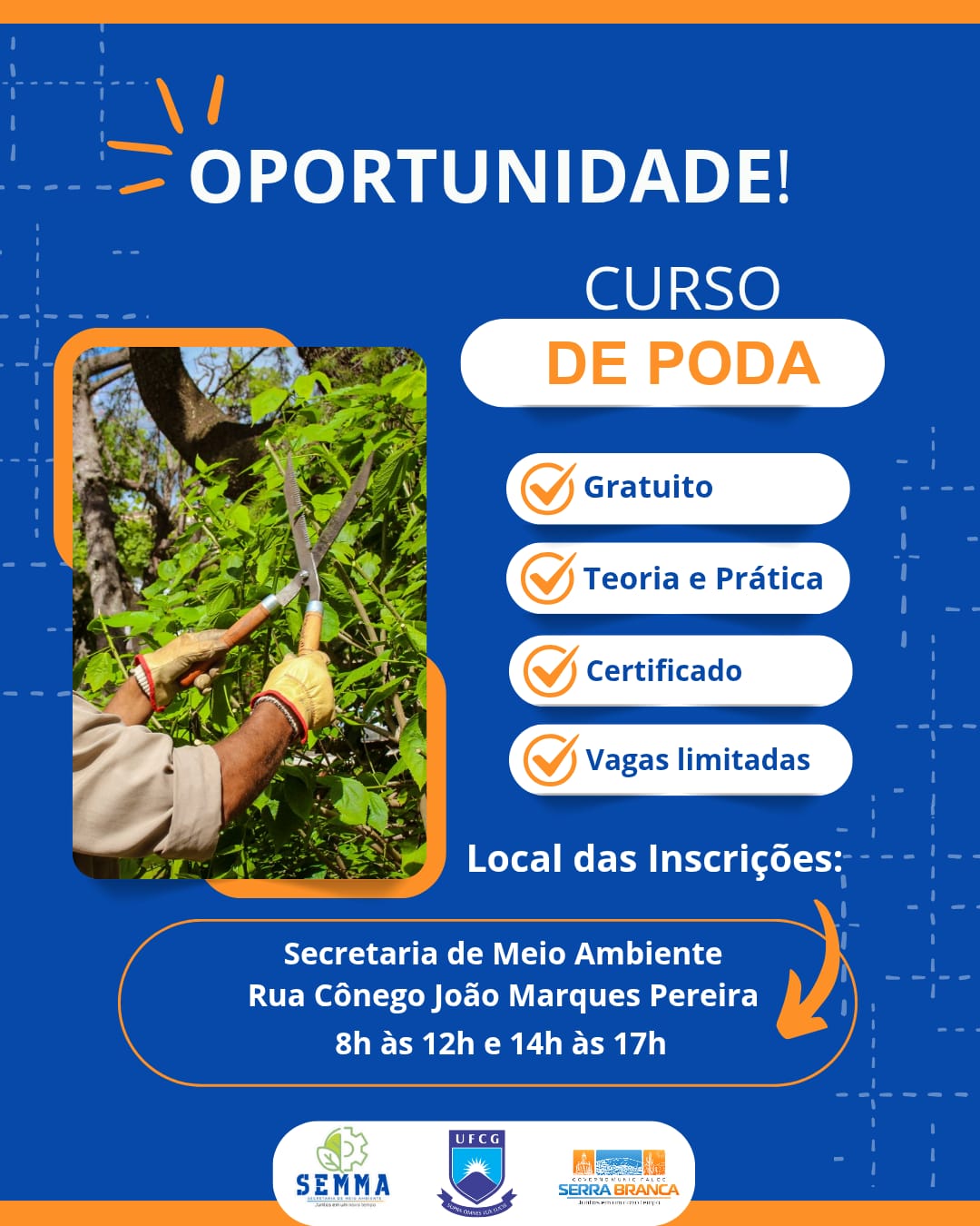 Secretaria de Meio Ambiente de Serra Branca abre inscrições para curso de poda de plantas; saiba como se inscrever