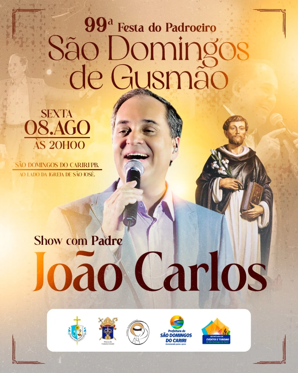 Prefeitura de São Domingos do Cariri divulga Padre João Carlos como atração da festa de 99 anos do padroeiro São Domingos de Gusmão