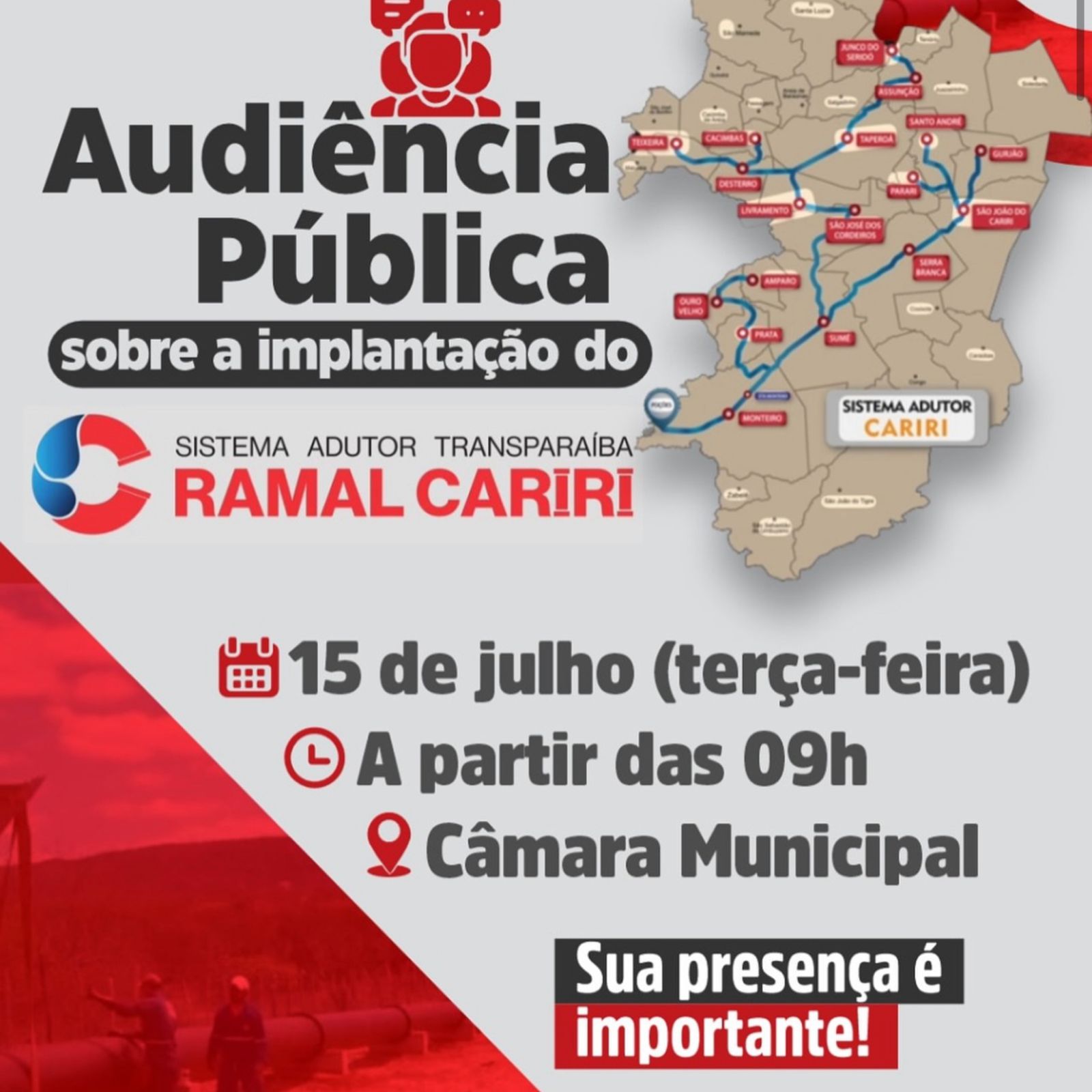Audiência pública vai discutir implantação do Sistema Adutor Transparaíba Ramal Cariri em Santo André