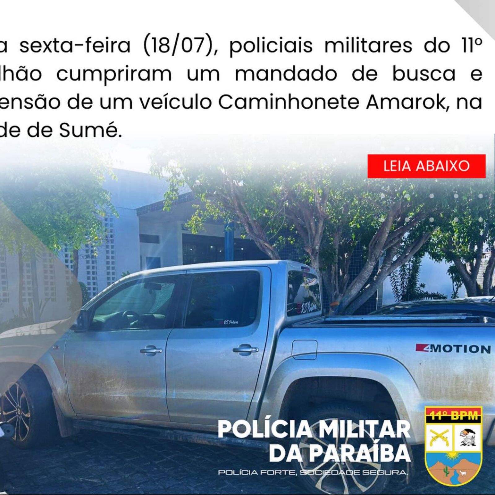 Polícia Militar apreende caminhonete durante cumprimento de mandado em Sumé